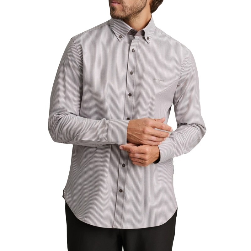 Navy & Green Shirt Comfort Fit Striped Non Iron-Faded Brown/White Navy & Green Shirt Comfort Fit Striped Non Iron-Faded Brown/White
