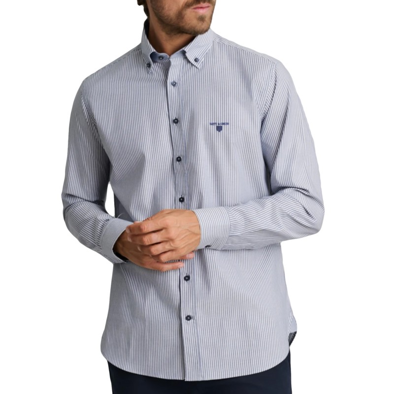 Navy & Green Shirt Comfort Fit Striped Non Iron-Faded Navy/White Navy & Green Shirt Comfort Fit Striped Non Iron-Faded Navy/White