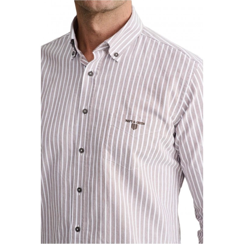 Navy & Green Shirt Striped Oxford Comfort Fit-Brown Grey/White