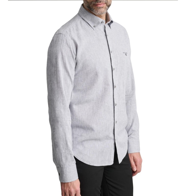 Navy & Green Shirt Comfort Fit Cotton Linen-Frost Grey