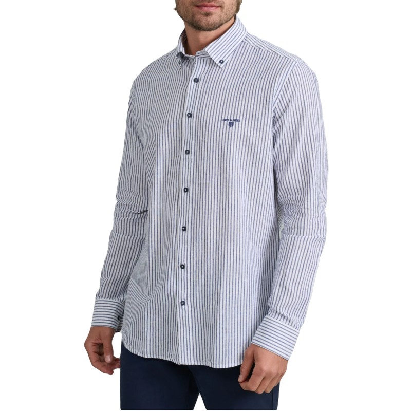 Navy & Green Shirt Striped Comfort Fit-White/Dirty Blue