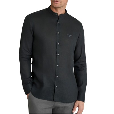 Navy & Green Shirt Mao Comfort Fit Pure Linen-Absolute Black
