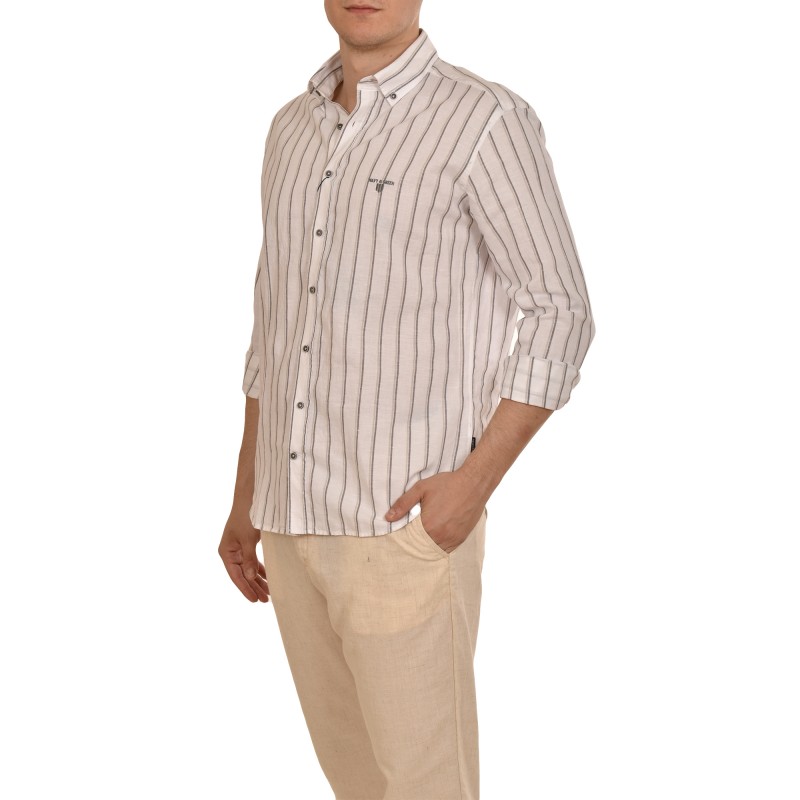 Navy & Green Cotton Linen Comfort Fit Shirt-Ecru/Grey
