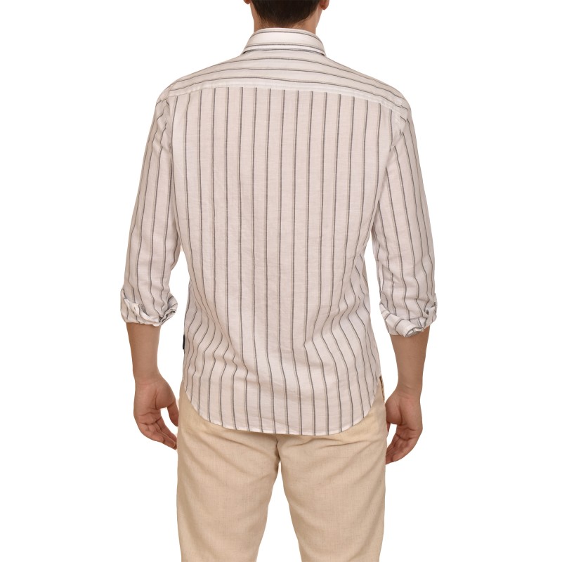 Navy & Green Cotton Linen Comfort Fit Shirt-Ecru/Grey