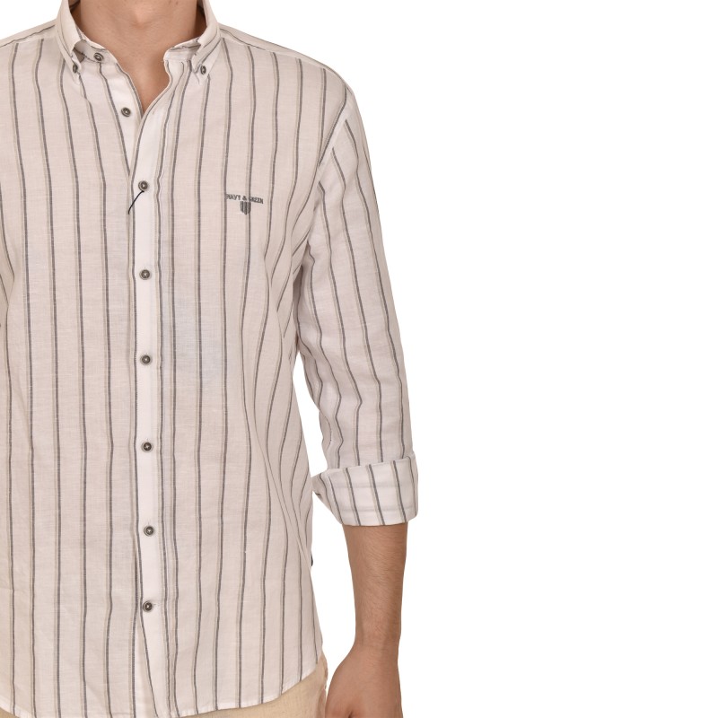 Navy & Green Cotton Linen Comfort Fit Shirt-Ecru/Grey