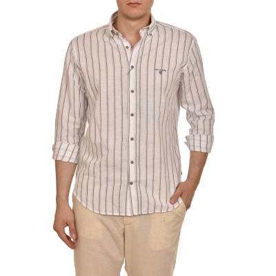 Navy & Green Cotton Linen Comfort Fit Shirt-Ecru/Grey