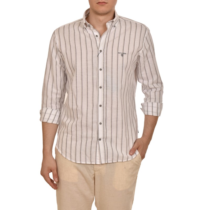 Navy & Green Cotton Linen Comfort Fit Shirt-Ecru/Grey