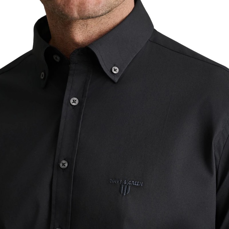 Navy & Green Shirt Comfort Fit Stretch-Black Ink