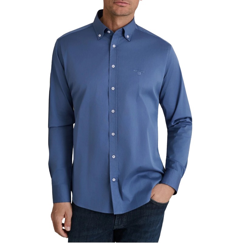 Navy & Green Shirt Comfort Fit Stretch-Dark Avio