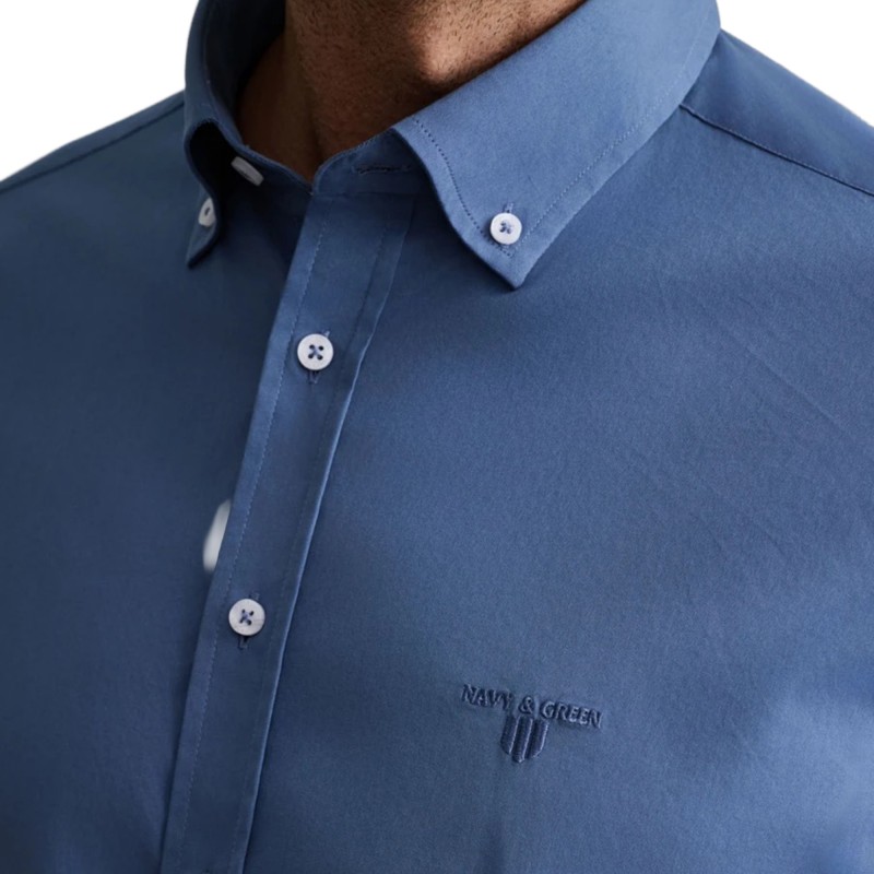 Navy & Green Shirt Comfort Fit Stretch-Dark Avio