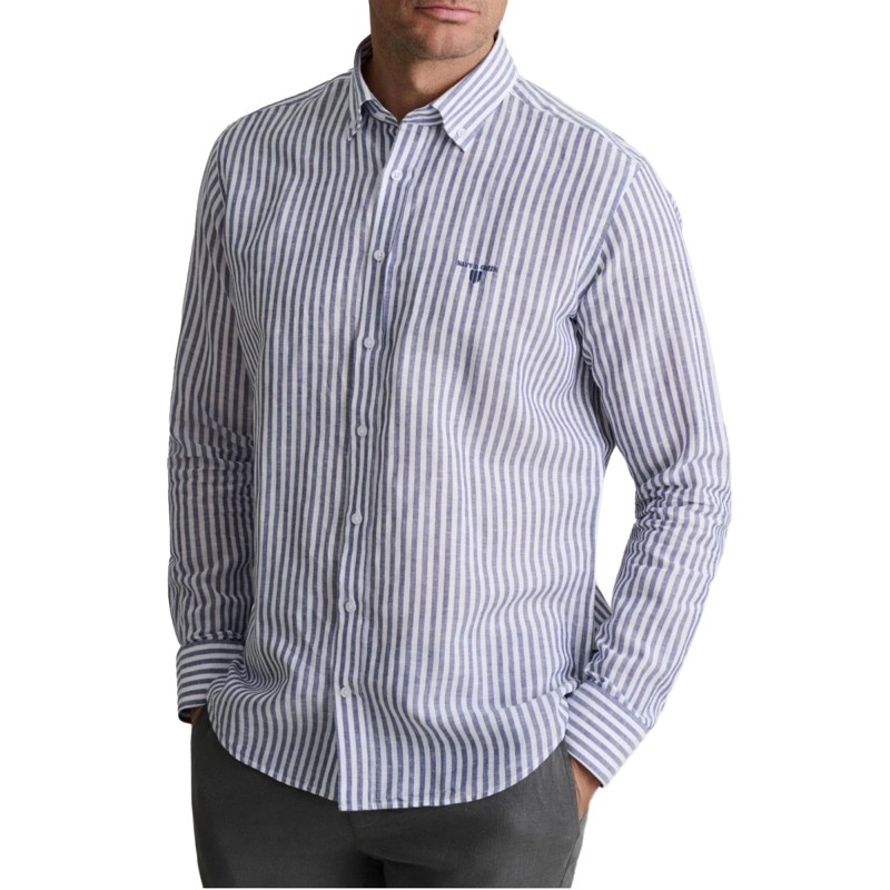 Navy & Green Shirt Comfort Fit Cotton Linen-Dirty Blue/White