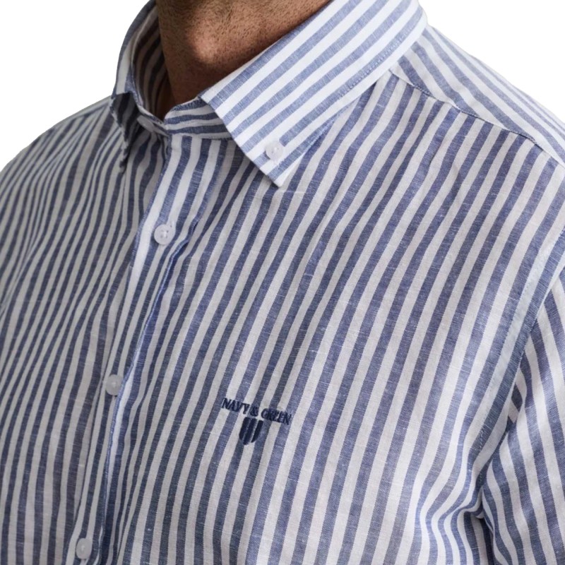 Navy & Green Shirt Comfort Fit Cotton Linen-Dirty Blue/White