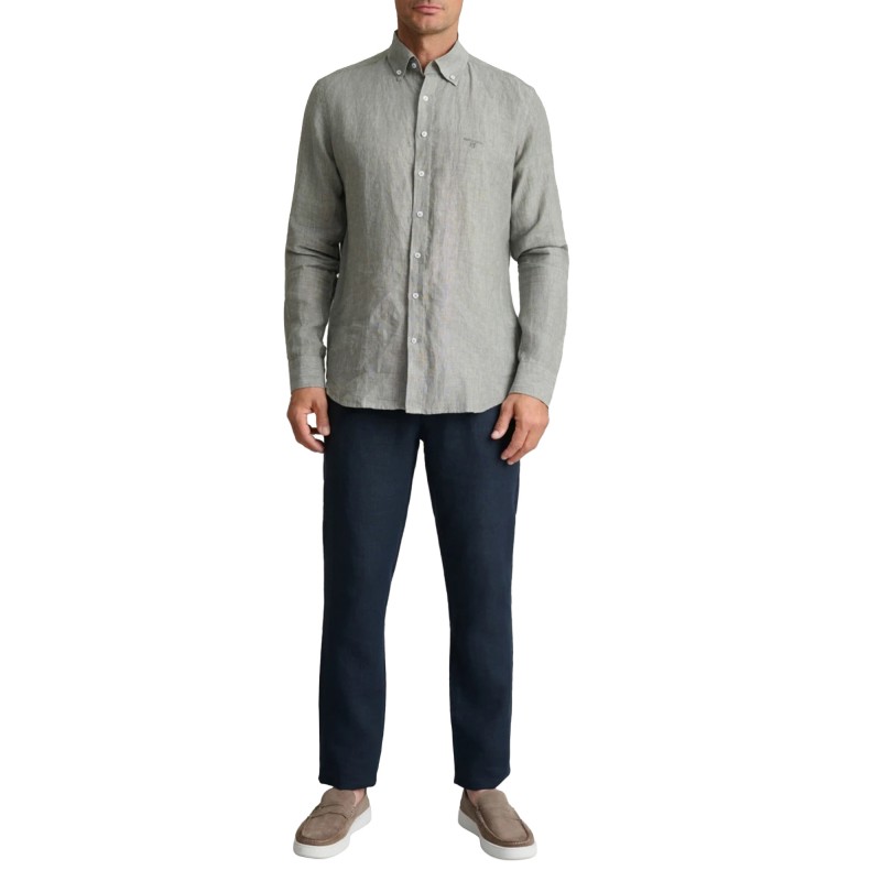 Navy & Green Shirt Comfort Fit Pure Linen-Silver Green