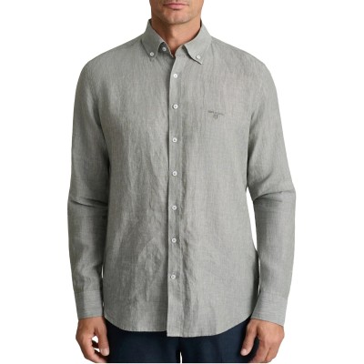 Navy & Green Shirt Comfort Fit Pure Linen-Silver Green