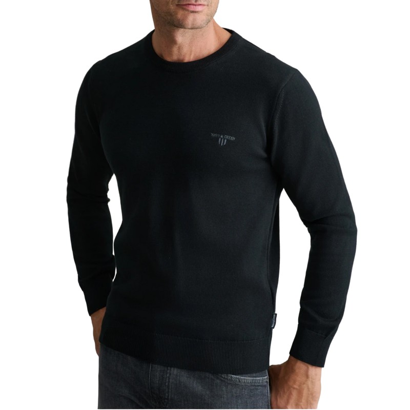 Navy & Green Sweater Crew Neck Knit Cotton-Black Navy & Green Sweater Crew Neck Knit Cotton-Black