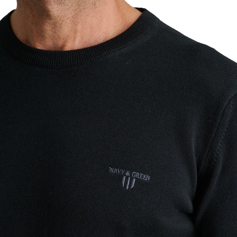 Navy & Green Sweater Crew Neck Knit Cotton-Black Navy & Green Sweater Crew Neck Knit Cotton-Black