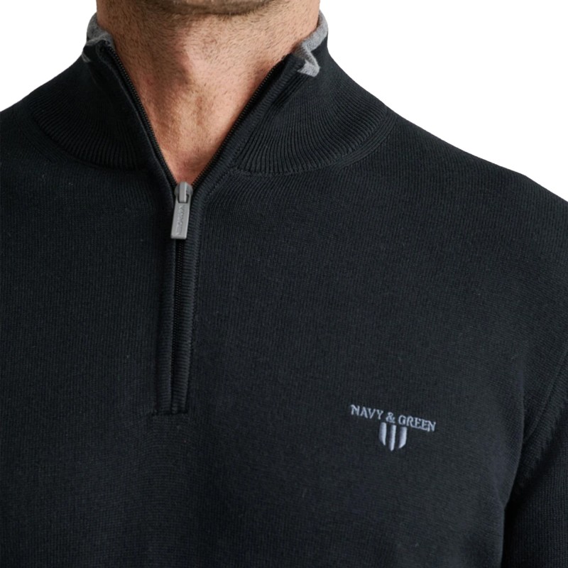 Navy & Green Sweater Half Zip Cotton-Black
