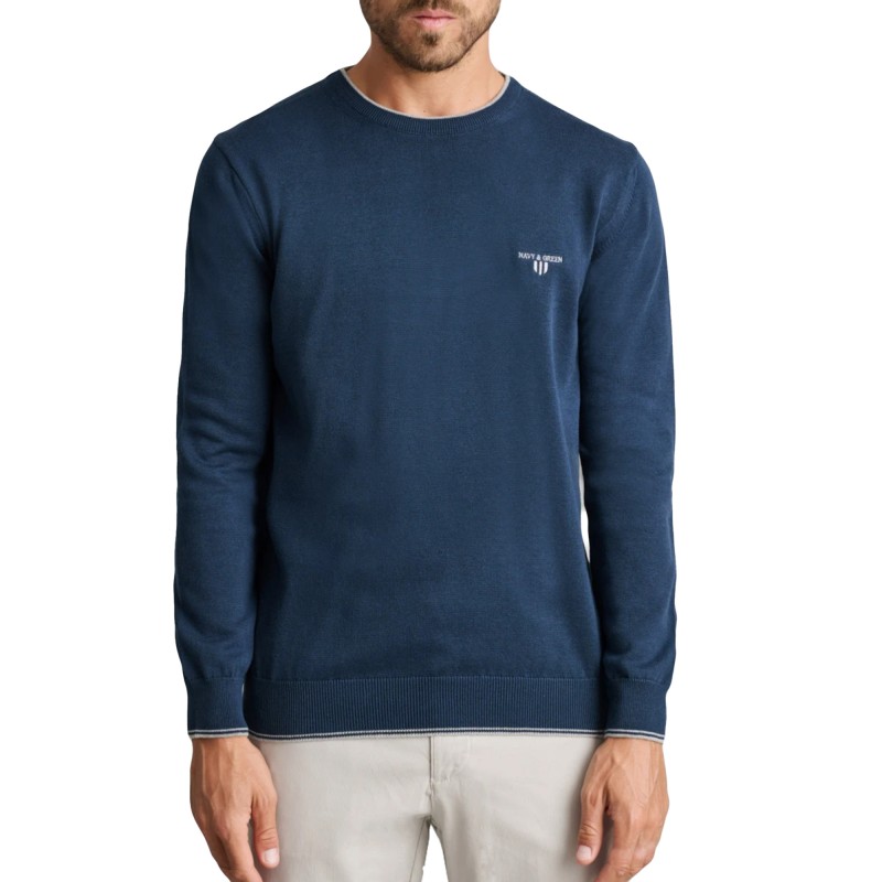 Navy & Green Sweater Long Sleeve Knit-Dark Petrol
