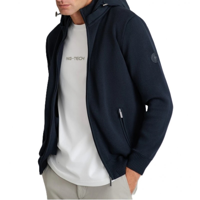 Navy & Green Cardigan Knitted With Detachable Hood-Blue Navy & Green Cardigan Knitted With Detachable Hood-Blue