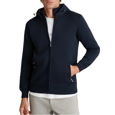Navy & Green Cardigan Knitted With Detachable Hood-Blue