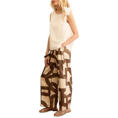 Emme Emmalbero Trousers Printed Satin Effect-Ecru/Brown