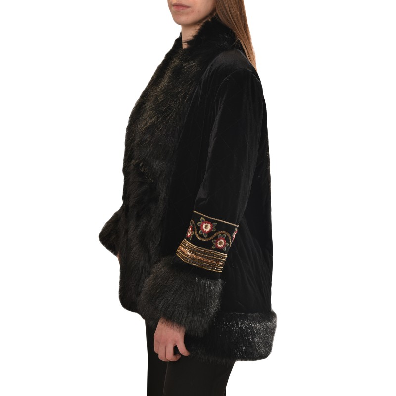Motel Jacket Fur Velvet With Embroidery Print-Black