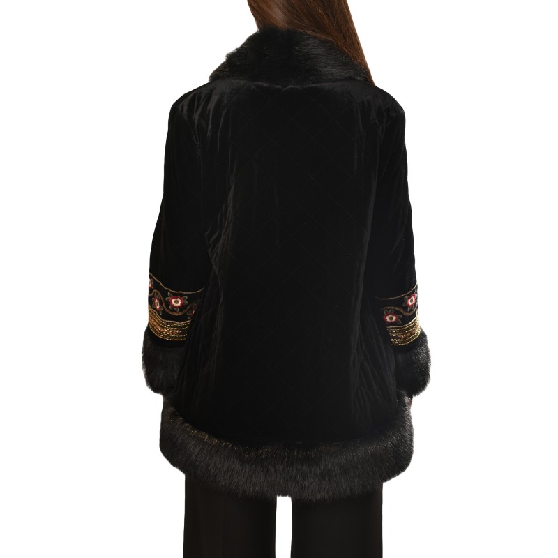 Motel Jacket Fur Velvet With Embroidery Print-Black