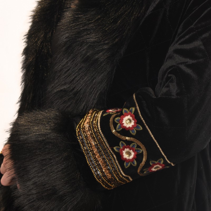 Motel Jacket Fur Velvet With Embroidery Print-Black