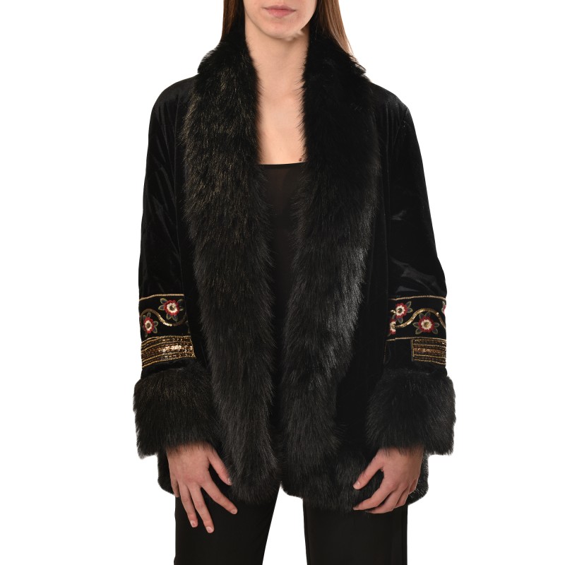 Motel Jacket Fur Velvet With Embroidery Print-Black