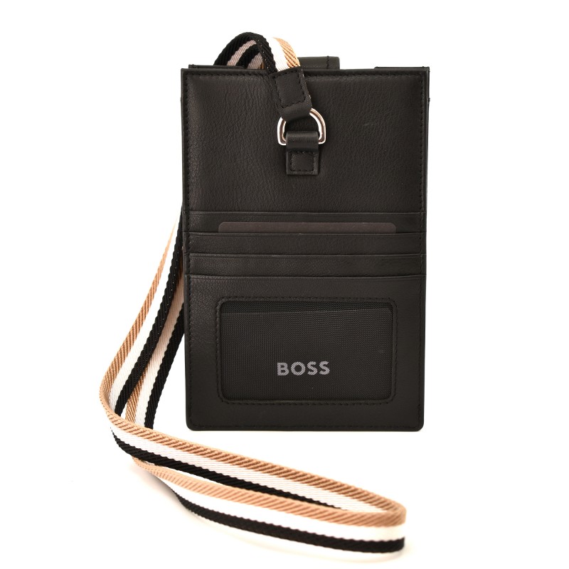 Boss Italian-Leather Phone Holder With Neck Strap-Black
