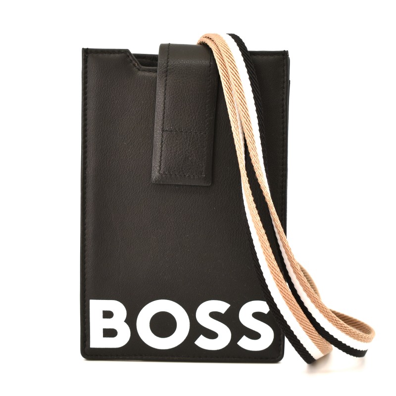 Boss Italian-Leather Phone Holder With Neck Strap-Black
