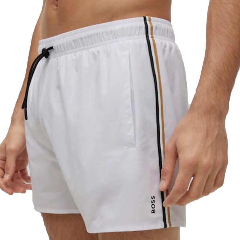 Boss Swim Shorts With Signature Stripes And Logo-White
