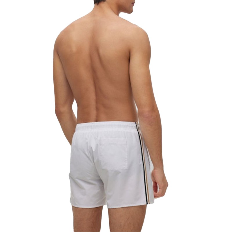 Boss Swim Shorts With Signature Stripes And Logo-White