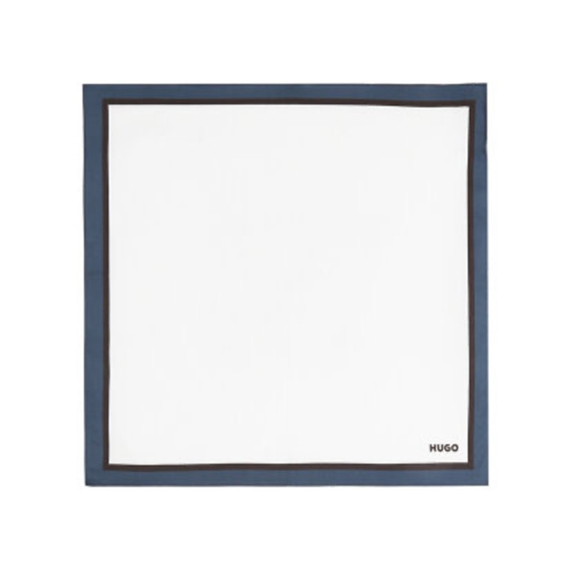 Hugo Pocket Square In Pure Cotton With Border & Logo-White