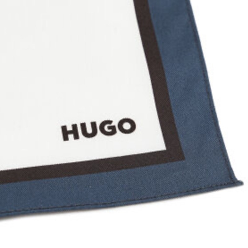 Hugo Pocket Square In Pure Cotton With Border & Logo-White