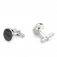 Hugo Round Cufflinks With Logo Engraved Enamel Inserts-Silver