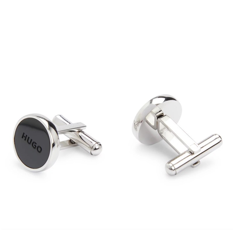 Hugo Round Cufflinks With Logo Engraved Enamel Inserts-Silver