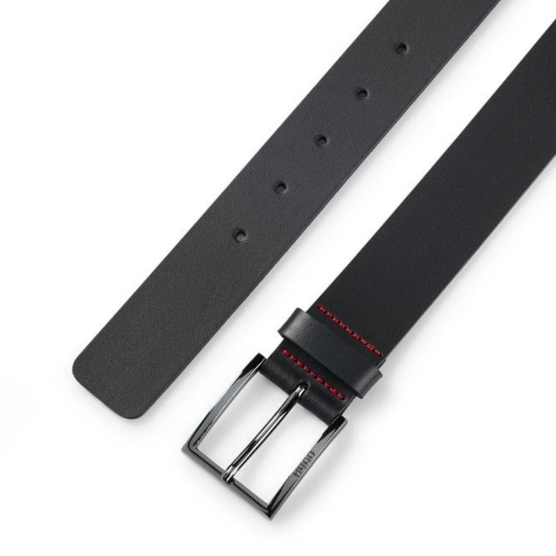 Hugo Italian-Leather Belt With Logo Engraved Buckle-Black Hugo Italian-Leather Belt With Logo Engraved Buckle-Black