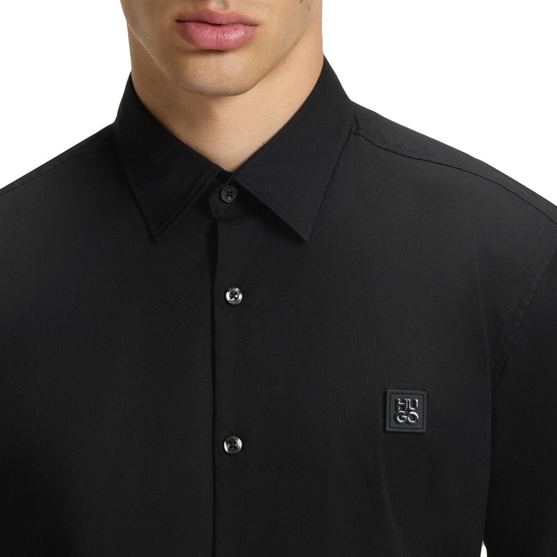 Hugo Slim Fit Shirt In Stretch Cotton In Stacked Logo-Black Hugo Slim Fit Shirt In Stretch Cotton In Stacked Logo-Black