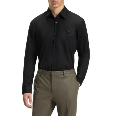 Hugo Slim Fit Shirt In Stretch Cotton In Stacked Logo-Black