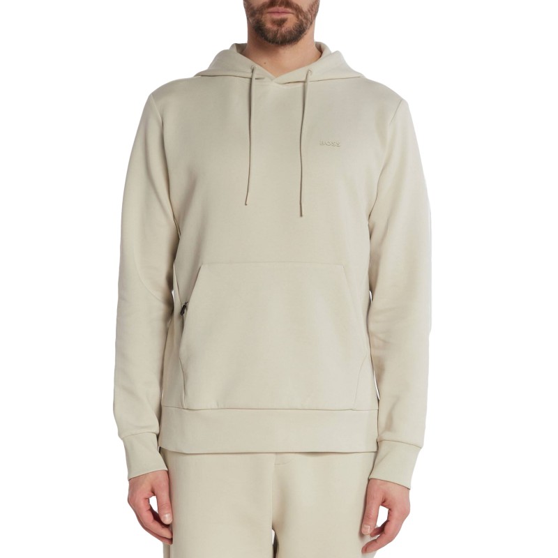 Boss Stretch Cotton Hoodie With Logo-Light Beige