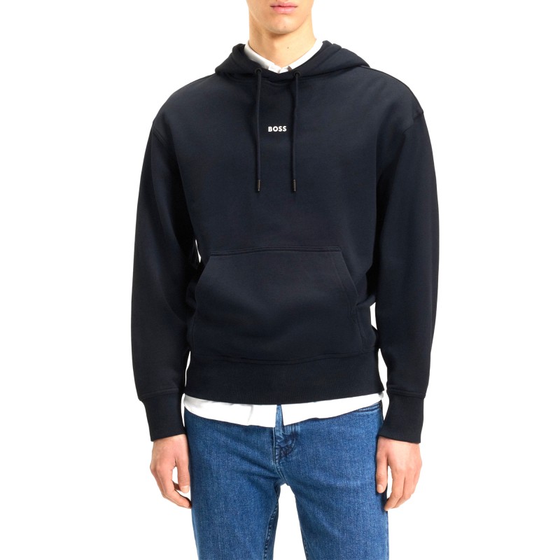 Boss Hoodie In Cotton Terry With Contrast Logo-Dark Blue Boss Hoodie In Cotton Terry With Contrast Logo-Dark Blue