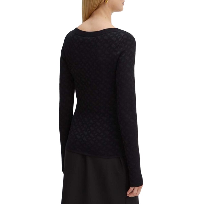 Boss Wide Neck Sweater In Stretch Jaquard-Black