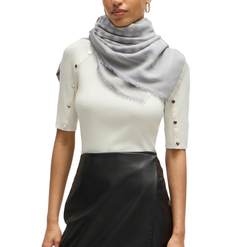 Boss Wool-Blend Scarf With Monogram Jaquard & Fringing-Grey Silver