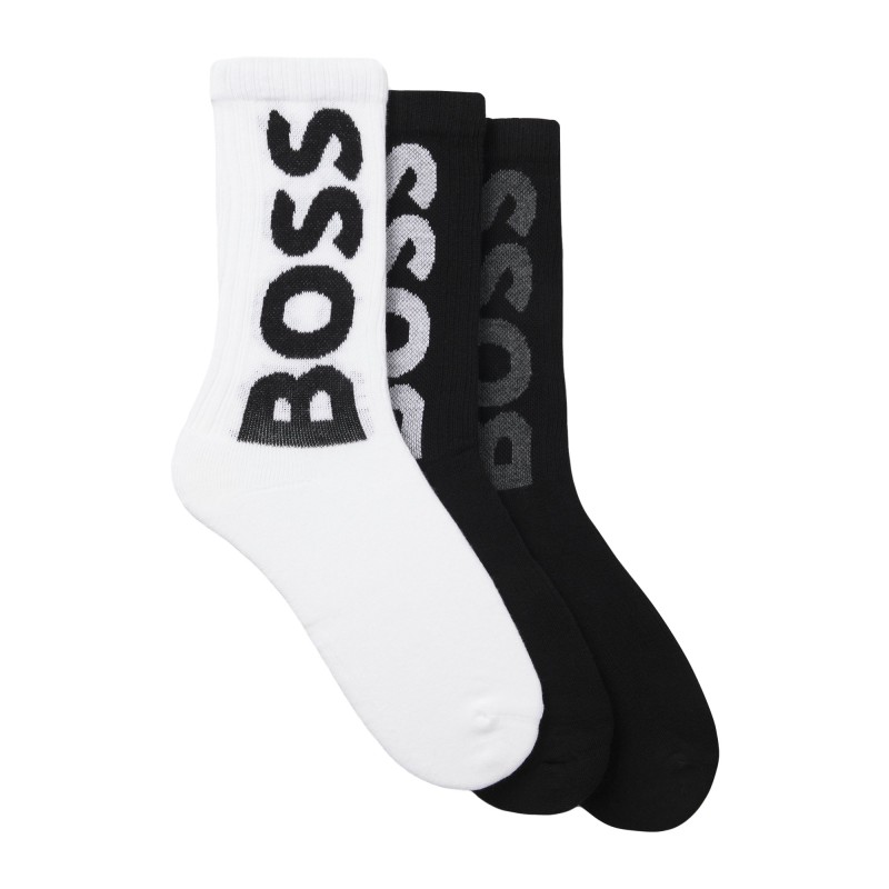 Boss Socks Three-Pack With Large Logos-Black/White Boss Socks Three-Pack With Large Logos-Black/White
