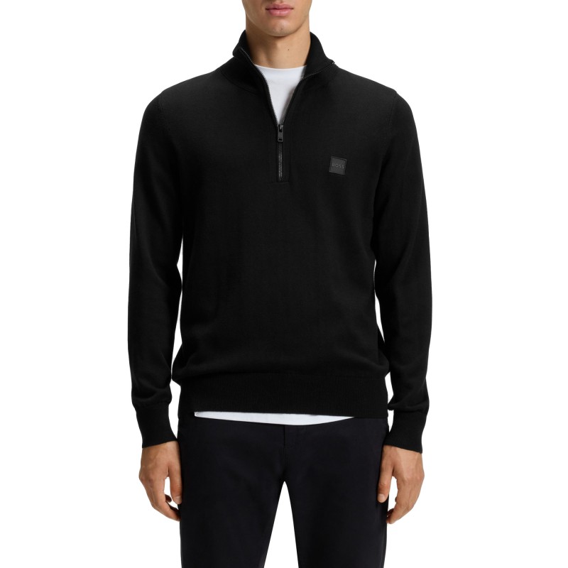 Boss Sweater Zip Neck In Cotton And Cashmere-Black