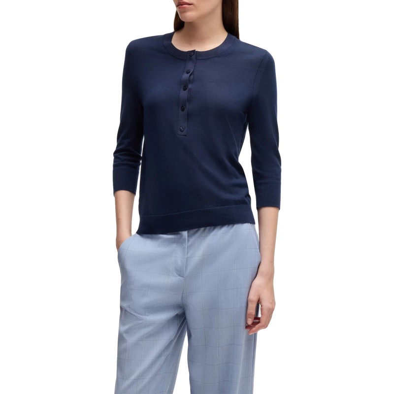 Boss Sweater Henley Neck In Merino Wool-Dark Blue Boss Sweater Henley Neck In Merino Wool-Dark Blue