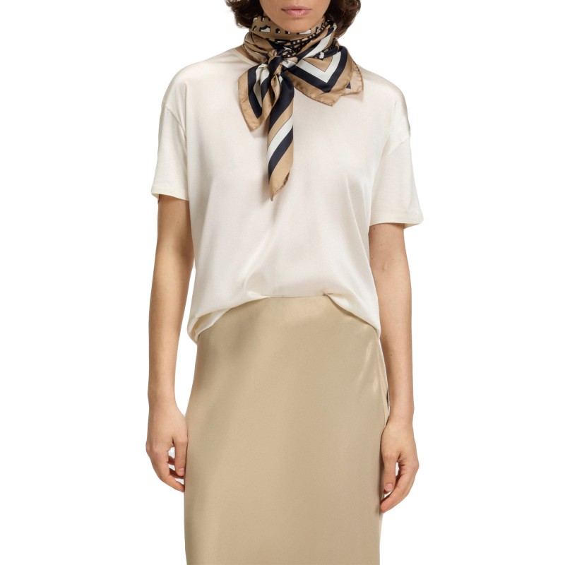 Boss Scarf Italian Made In Printed Silk Twill-Beige Patterned