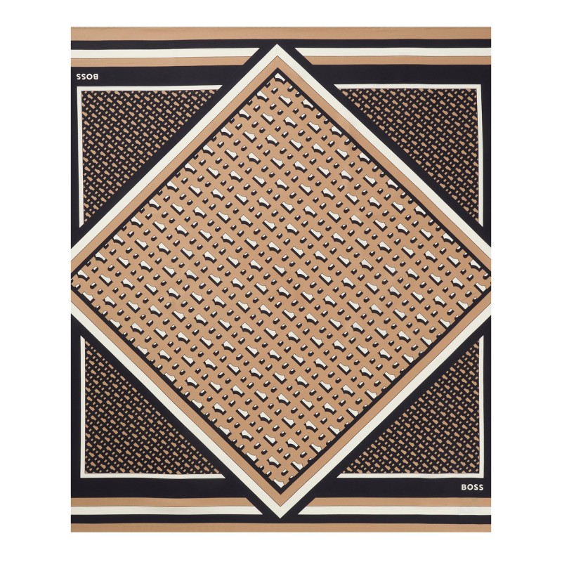 Boss Scarf Italian Made In Printed Silk Twill-Beige Patterned