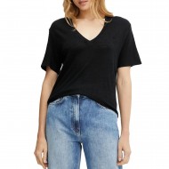 Boss T-Shirt V Neck In Lightweight Linen-Black